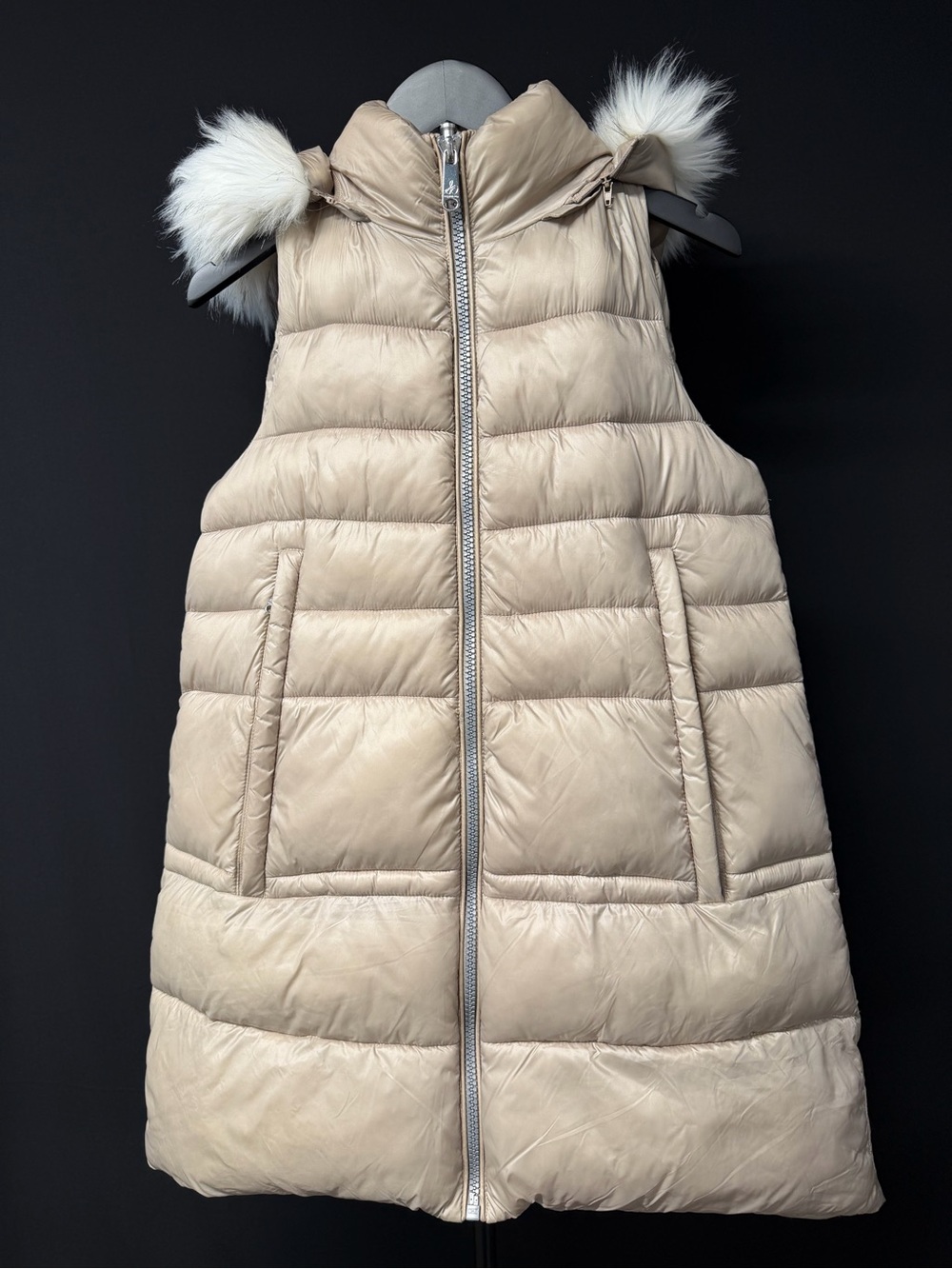 Sam Edelman Beige Quilted Puffer Vest with Detachable Faux Fur Hood